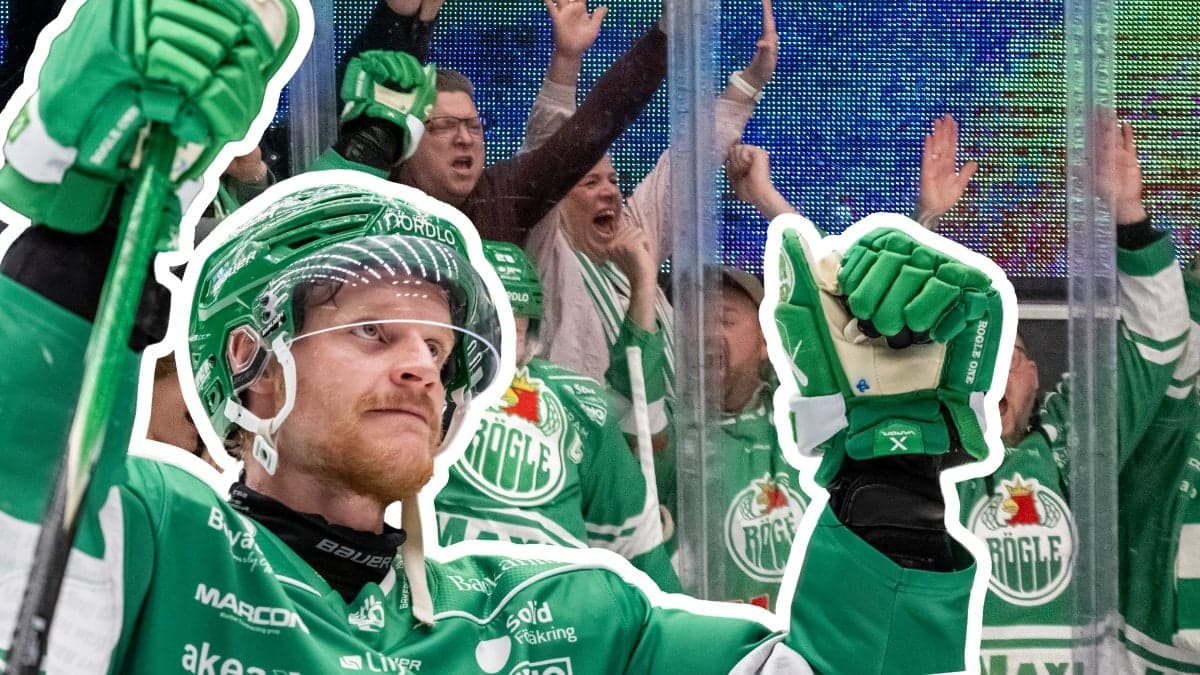 Rögle supportrar i bakgrunden. Rögle BKs lagkapten Anton Bengtsson utklippt till vänster.
