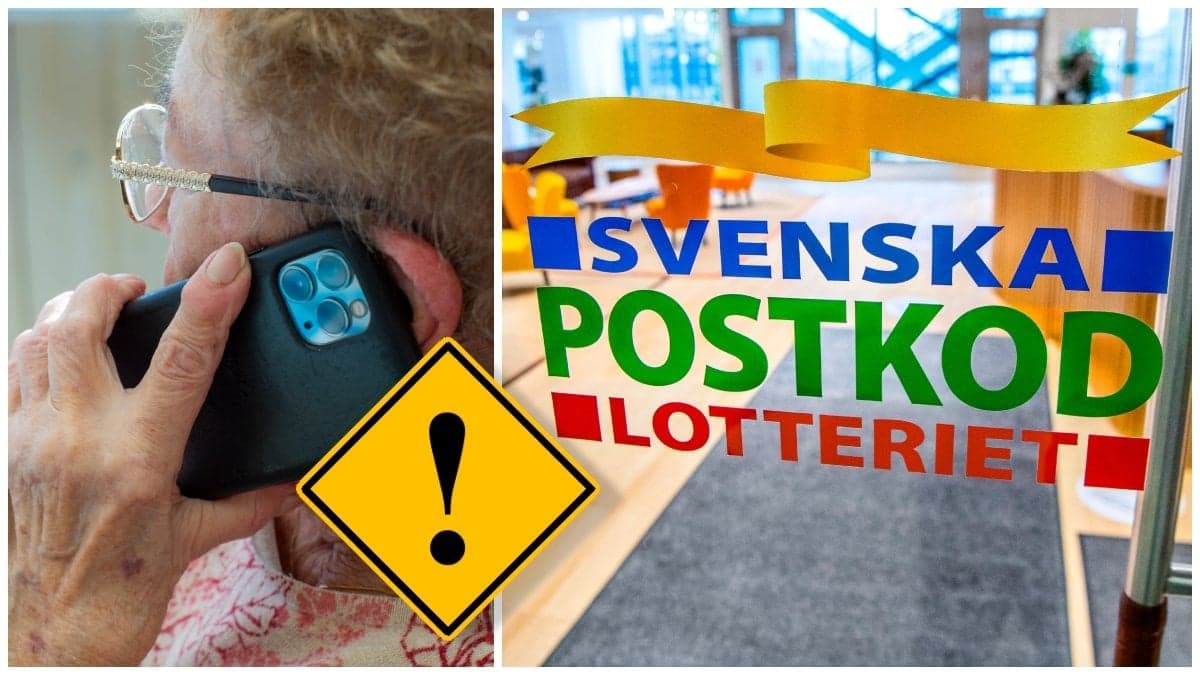 Äldre kvinna som pratar i mobiltelefon och Postkodlotteriets logga på en dörr