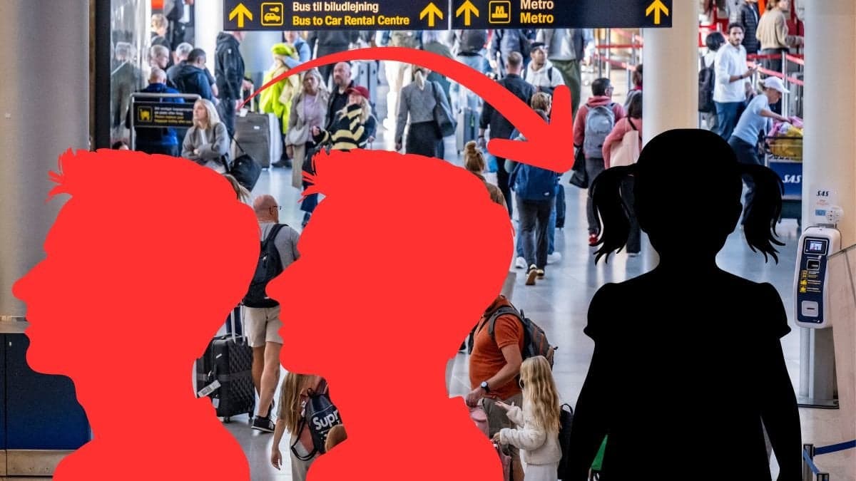 Kastrup i bakgrunden. Två röda siluetter av män. Röd pil pekar tpå siluetterna av männen till en svart siluett av en flicka.
