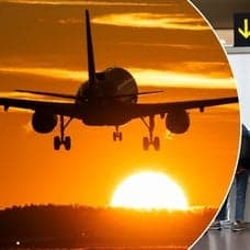 Bilder på ett flygplan som lyfter och människor som checkar in på Arlanda.