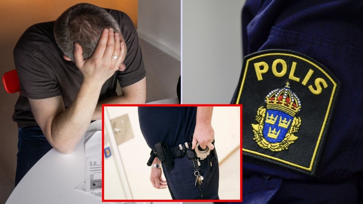 En man, handfängsel och en polis.