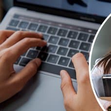 Person med finrar på ett dator-tangentbord vänster. En kvinna med frustrerad min som håller en låda med kontorsmaterial höger.