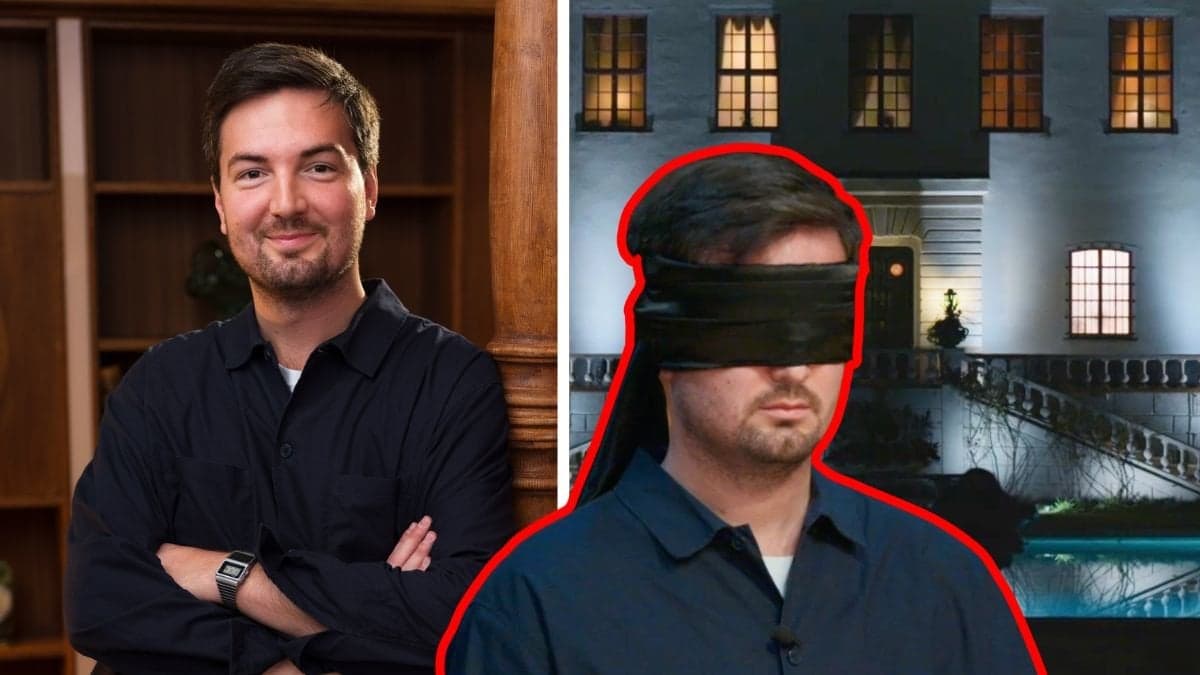 Törbjörn Averås Skorup i Förrädarna med en ögonbindel och Förrädarna-slottet