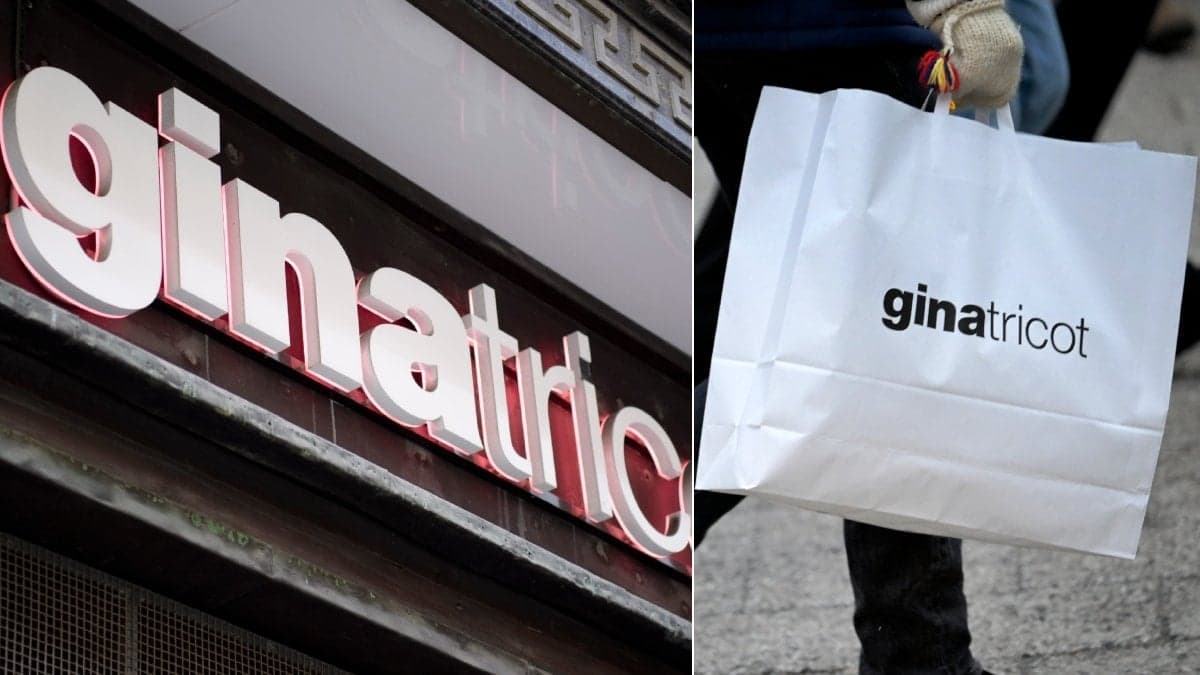 Bilder på en Gina Tricot-skylt och bärkasse.