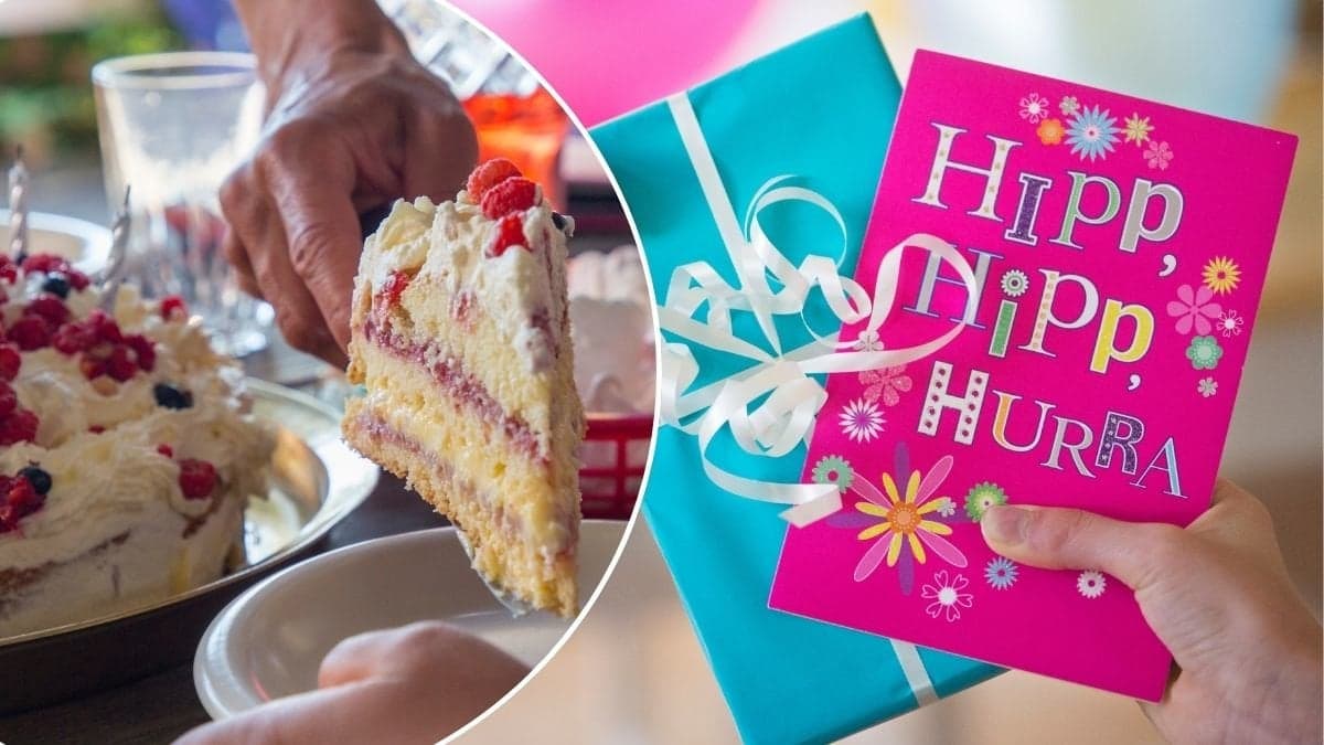 Bilder på födelsedagstårta och kort.