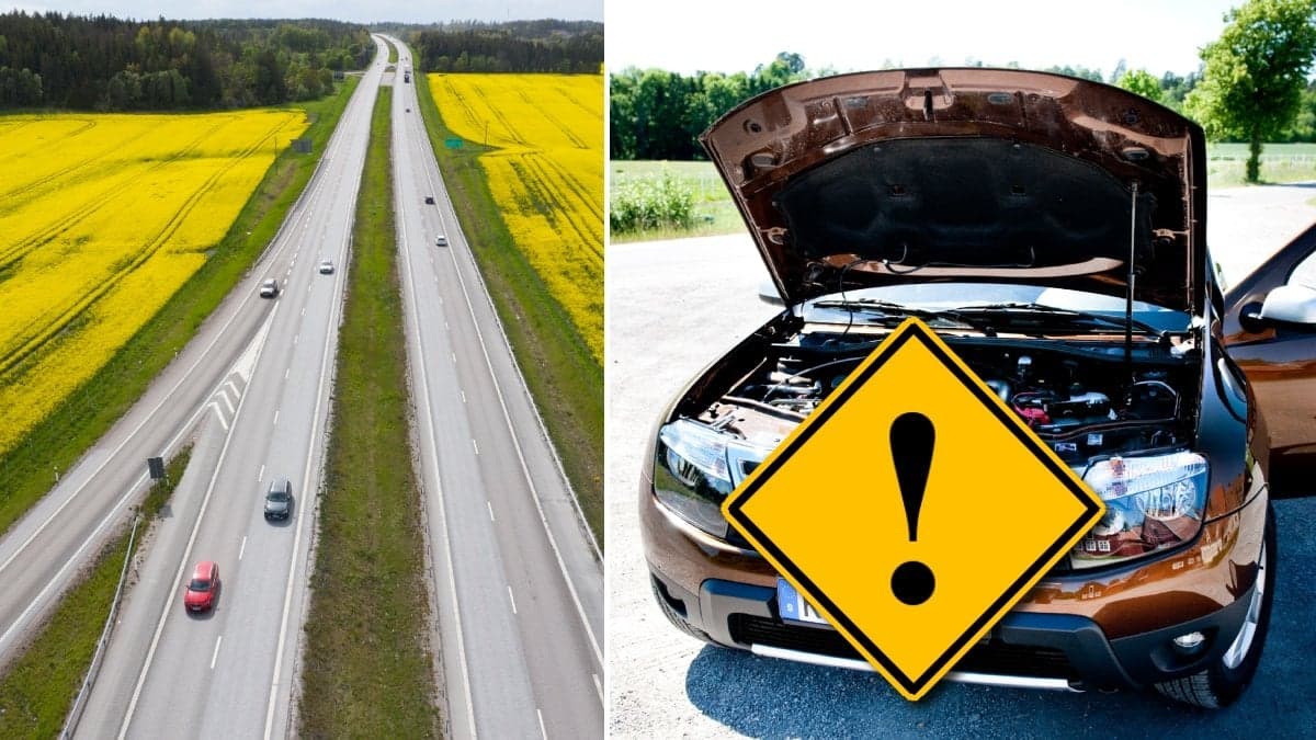 En motorväg och en bil som står still med öppen huv.