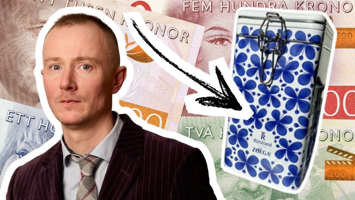 Andreas Siesing, intendent på Auctionet, och Mon Amie-kaffeburken från Zoégas och Rörstrand