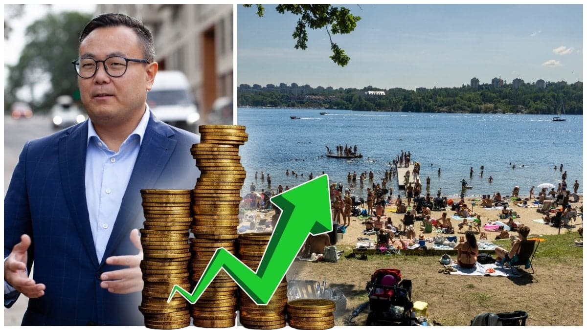 Stefan Westerberg, privatekonom hos Länsförsäkringar, och personer på badstrand i Stockholm