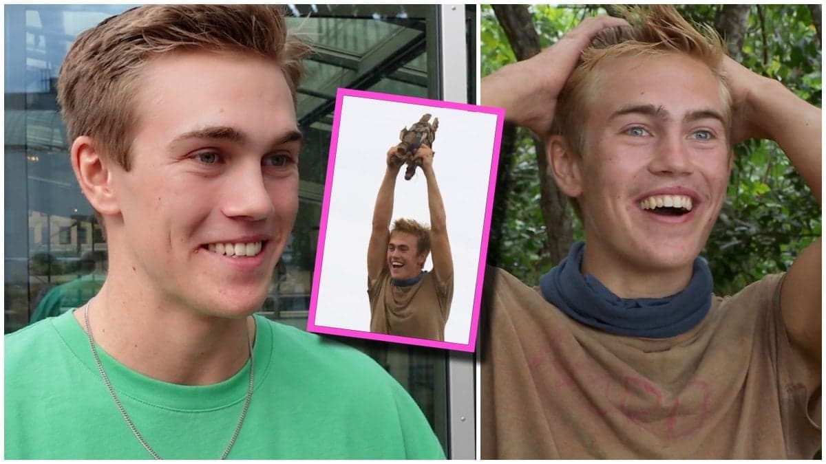Närbilder på Robinson-vinnaren Aron Sjölund och en bild när han håller upp Robinson-statyetten