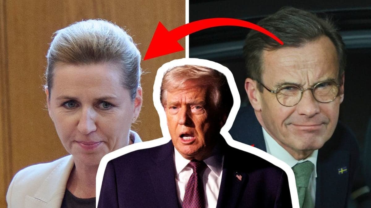 Mette Fredriksen vänster, utklippt bild på Donald Trump i mitten, Ulf Kristersson höger.