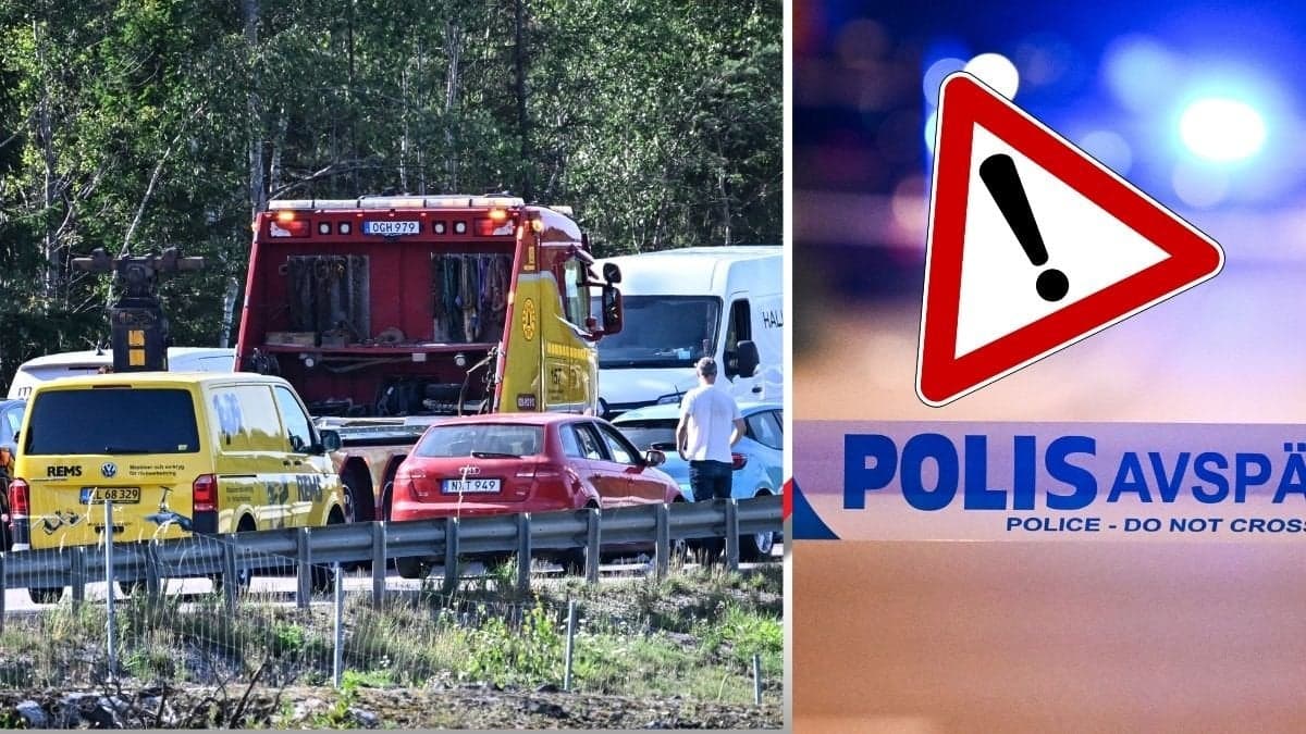 Bild på räddningstjänst-bil till vänster på olyckan vid Uddevalla. Avspärrningstejp till höger. Varningstecken över bilden till höger.
