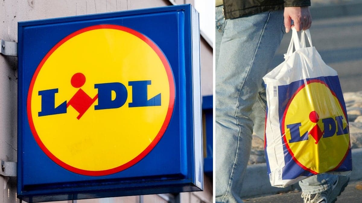 Bilder på en Lidlpåse och en Lidlskylt.