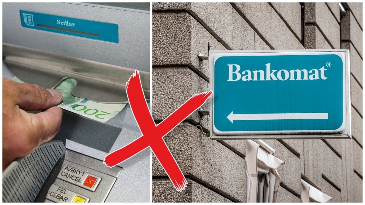 Hand som tar sedlar ur en bankomat och en Bankomat-skylt på en fasad