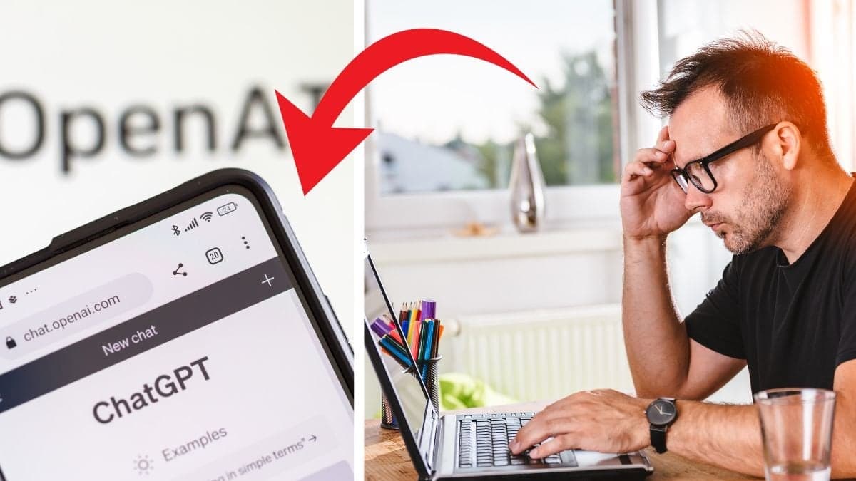 Chat Gpt loggan till vänster. En man som sitter vid en dator till höger.