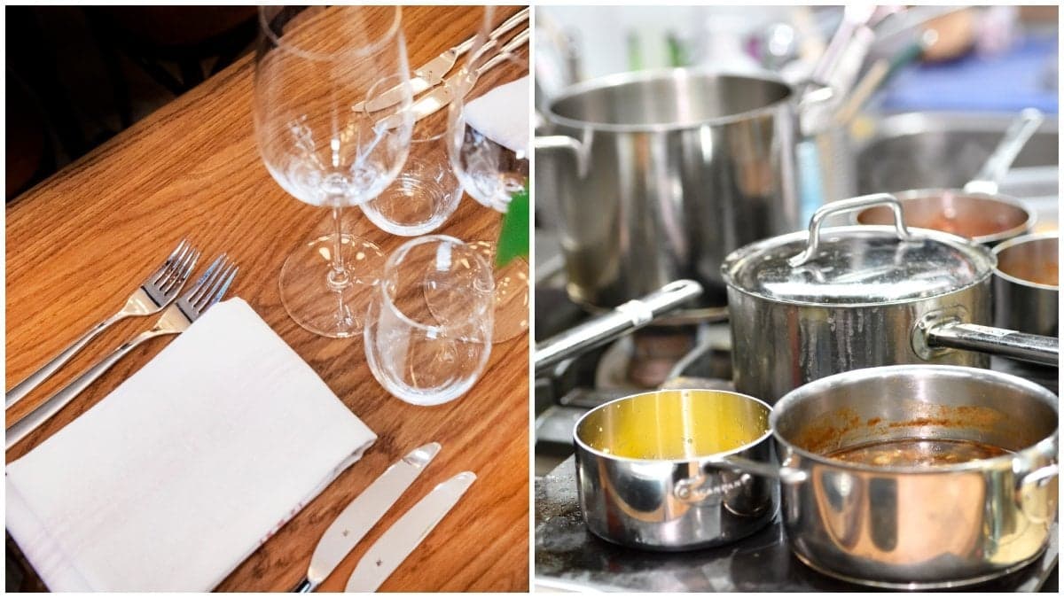 Ett dukat restaurangbord och en spis med massa kastruller.