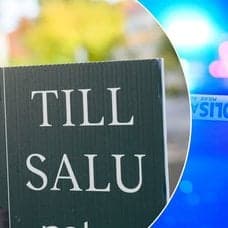 Bilder på mäklarskylt och polisavspärrning.