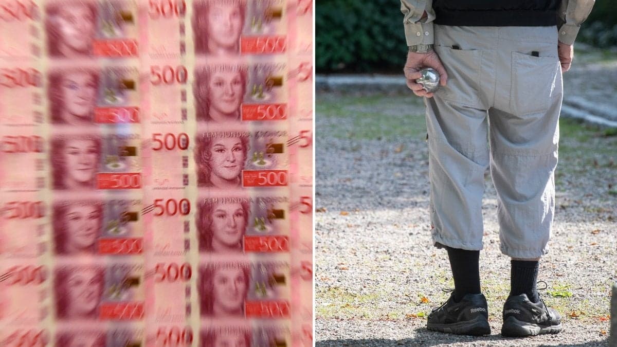 Stort antal 500-kronorssedlar och en manlig pensionär som spelar boule.