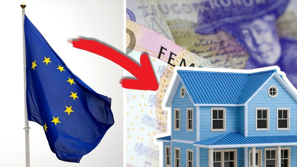 EU-flaggan och svenska pngar samt ett hus. 
