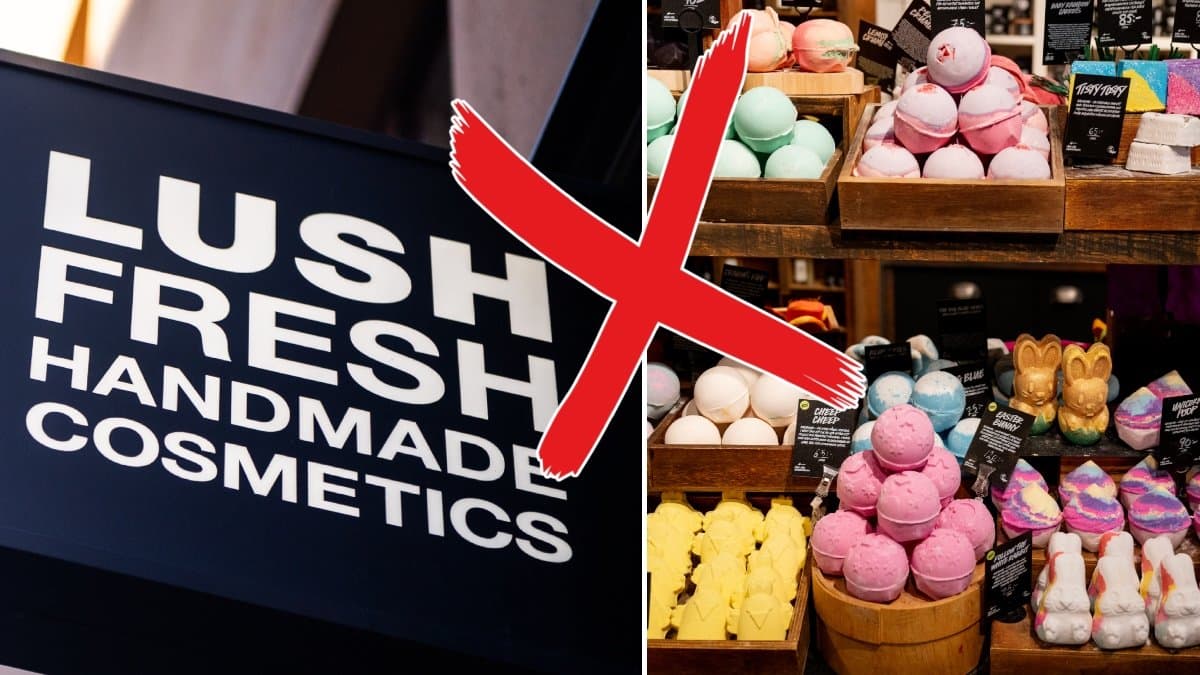 Bilder på badbomber och en Lush-skylt.