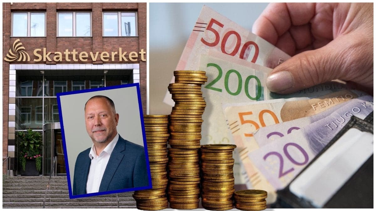 Entrén till Skatteverkets huvudkontor, juristen Per Näsman och svenska sedlar i en plånbok