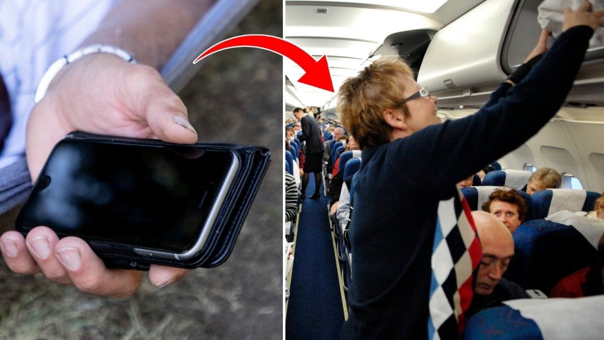 En mobiltelefon i en mans hand och en passagerare på ett flygplan som lastar på en väska. 