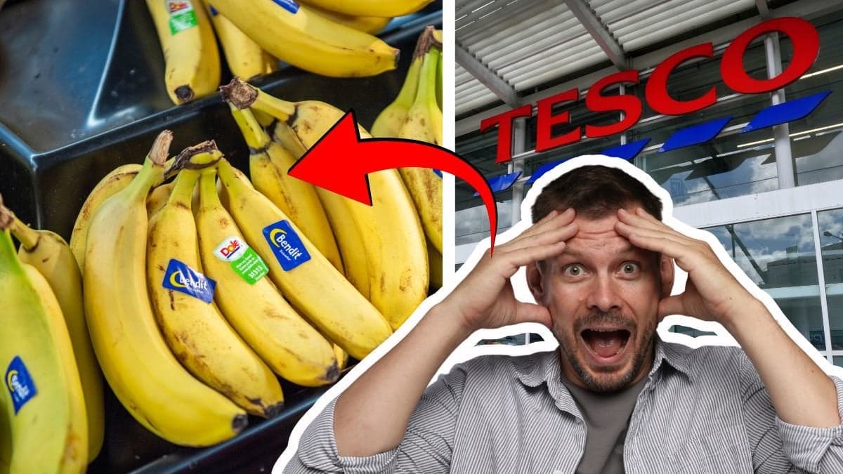 Bananer vänaster, Tesco butik höger. Utklippt panikartad man i mitten.