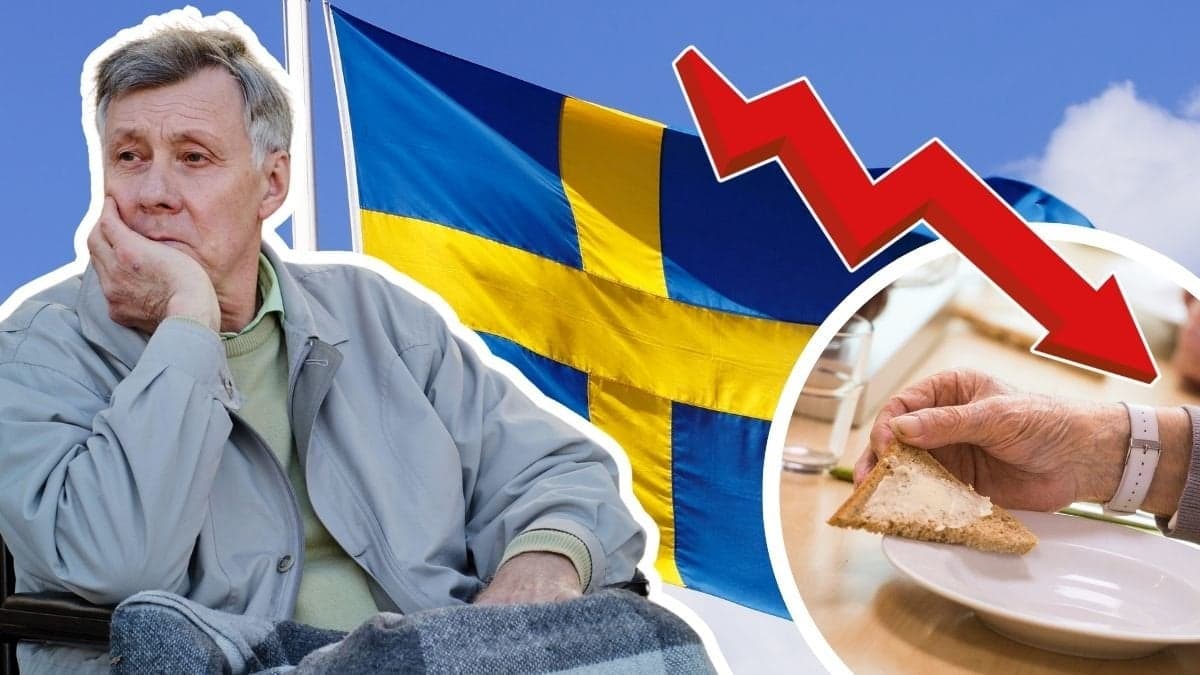 Äldre man ser orolig ut, Sveriges flagga och en äldre hans som äter