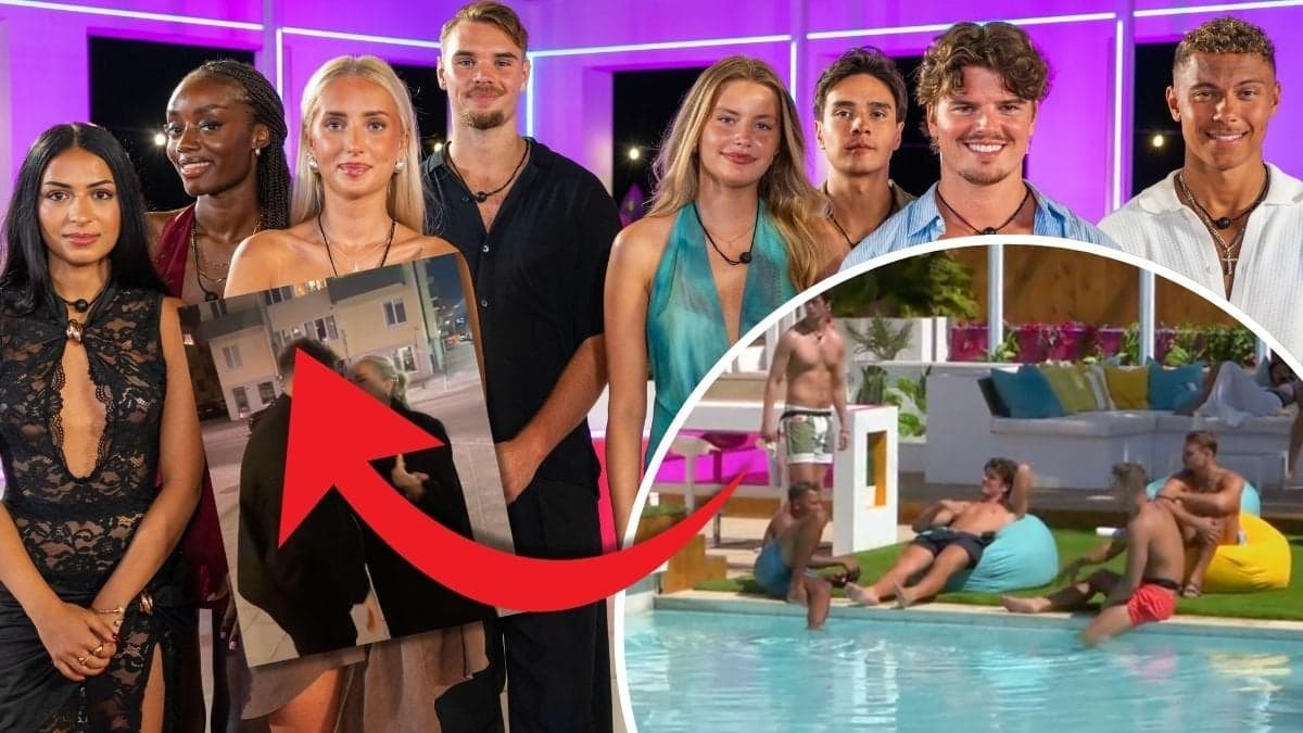 Gruppbild på deltagarna i Love Island och bild från villan i programmet
