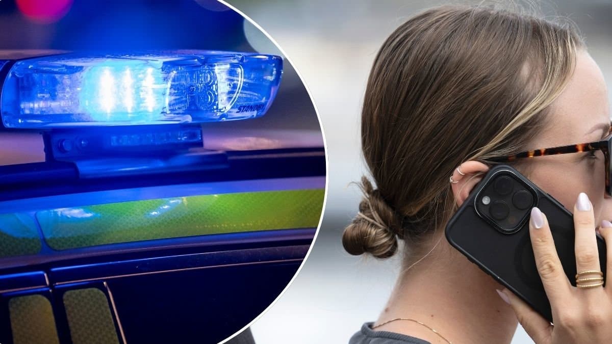 Bild på en polisbil med blåljus och en kvinna som pratar i telefon.