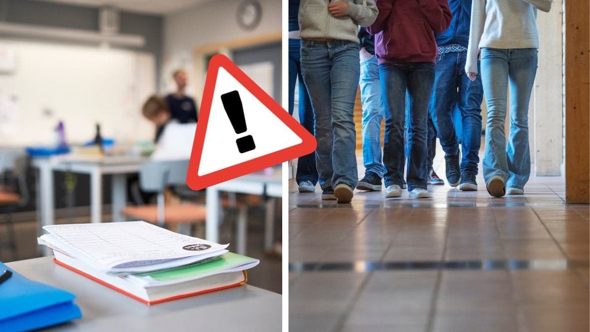 En bok på en bänk i ett klassrum vänster. Ben från flera tjejer som går i en skolkorridor höger. Varning-skylt vänster.