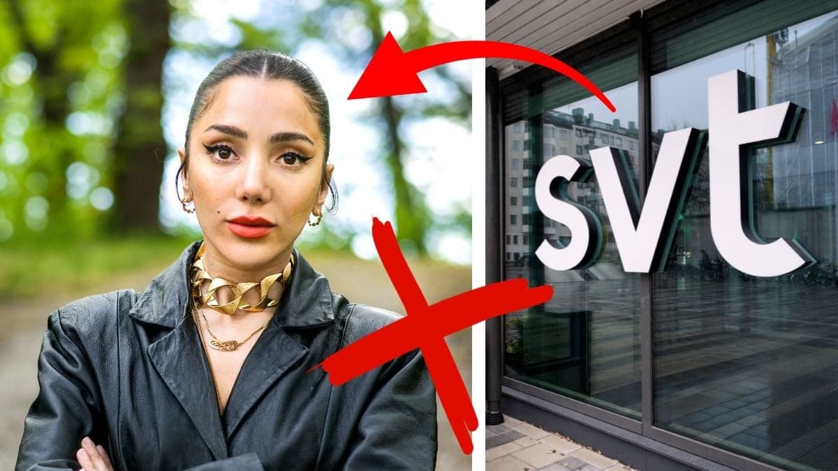 Gina Dirawi till vänster. Svt-skylt till höger. Röd pil pekar på Gina. Ett rött kryss i mitten. 