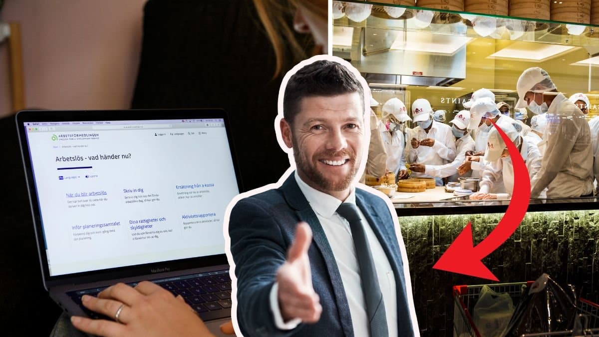 Datorskärm med arbetsförmedlingen uppe till vänster. Kockar i ett kök till höger. En man som ger ut sin hand i mitten utklippt. 