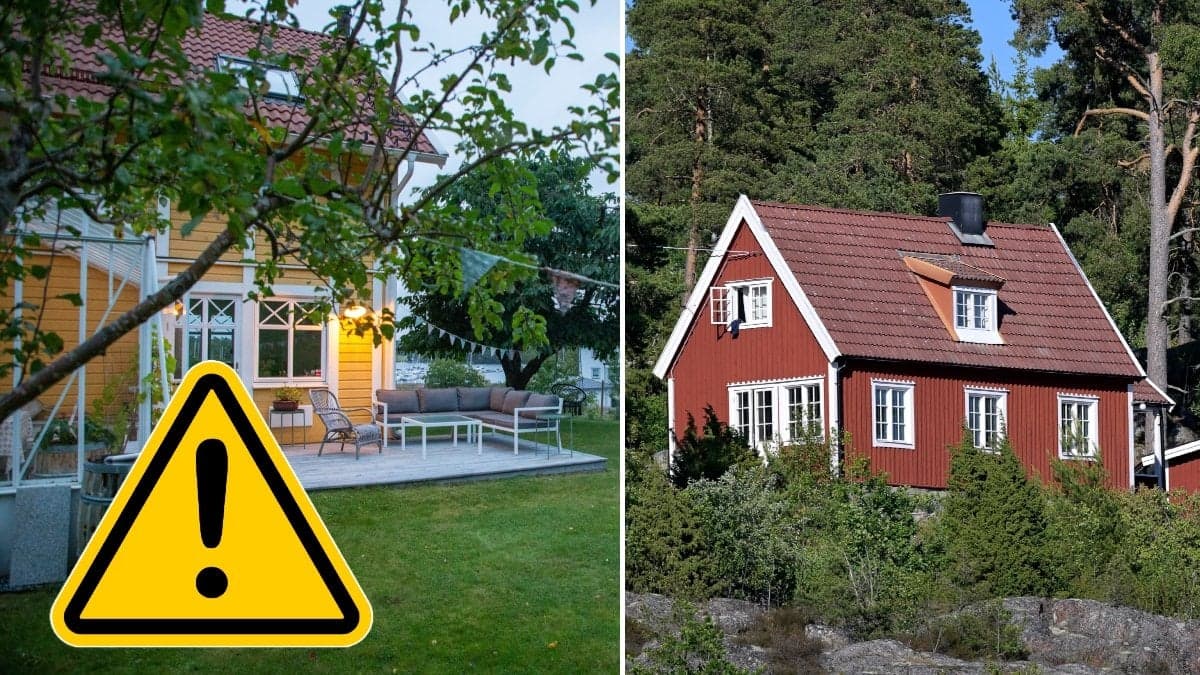 Villa med uteplats och trädgård, samt ett rött hus med vita knutar i Stockholms skärgård.