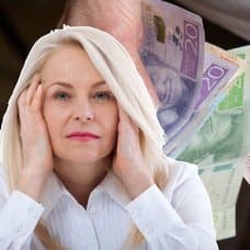 En kvinna och en man som ser ut att tänka. I bakgrunden syns pengar.