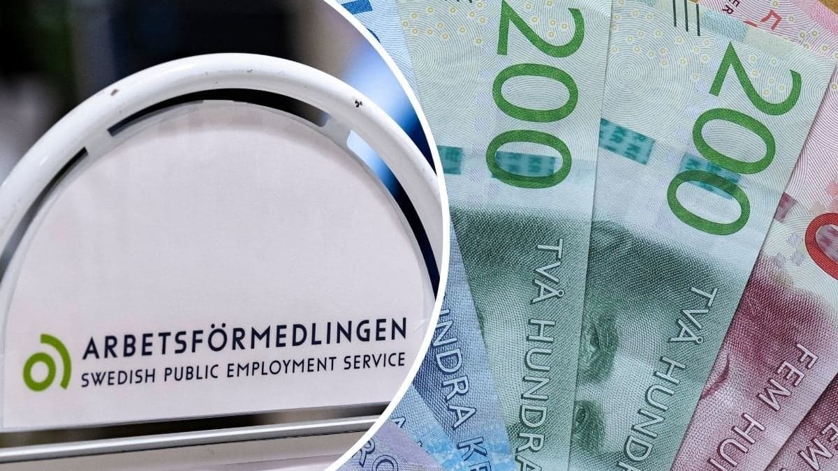Arbetsförmedlingens skylt och sedlar.
