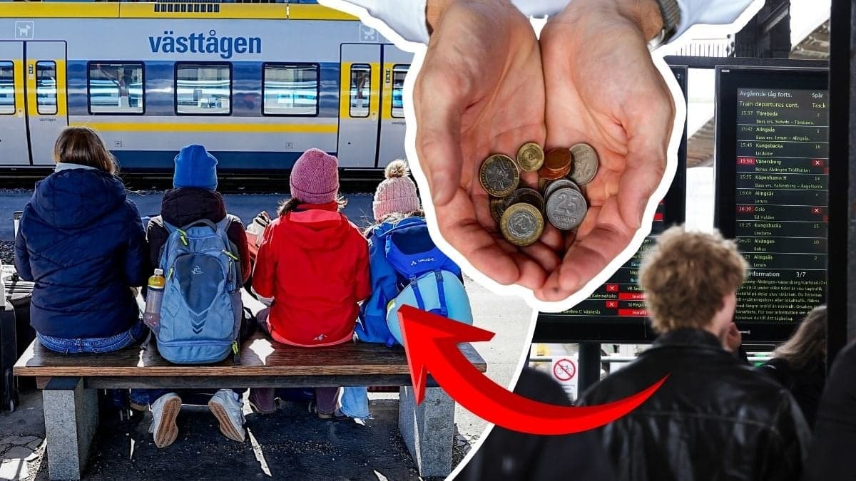 Resenärer strandade på grund av stormen Dave. Tågtabell under stormen höger. Hand håller ut mynt i mitten.