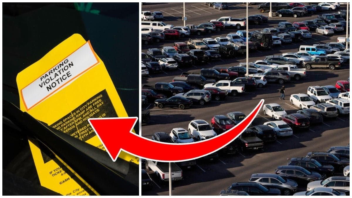 Amerikansk p-bot på vindruta och bilar på en parkeringsplats