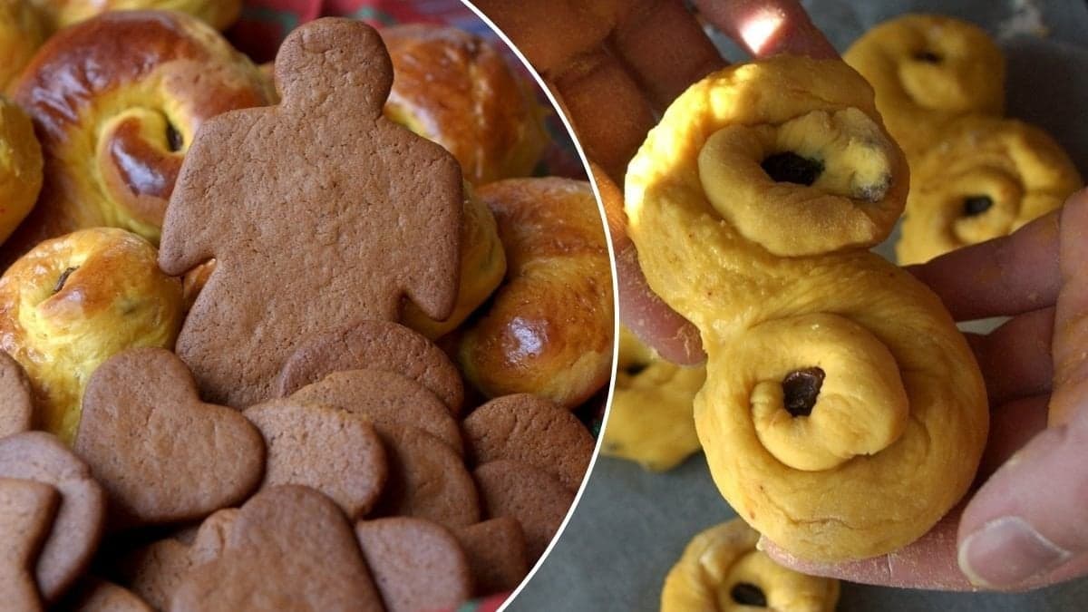 Bilder på lussekatter och pepparkakor.