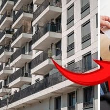 Lägenhetsbyggnad vänster. Planlösningsritning höger.