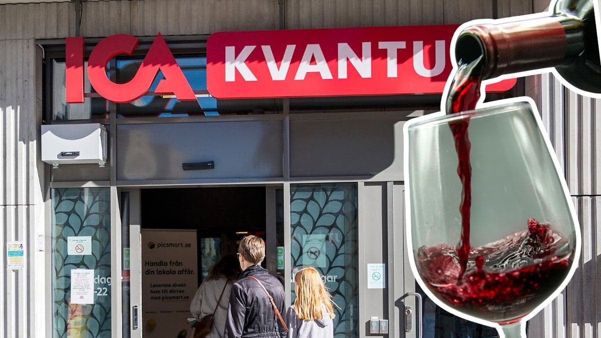 Ingången till ett Ica Kvantum i bakgrunden. Utklippt vinflaska som häller rödvin i ett vinglas till höger.