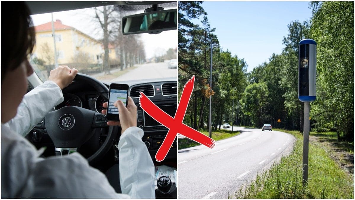 Mobiltelefon i bil och fartkamera i trafiken