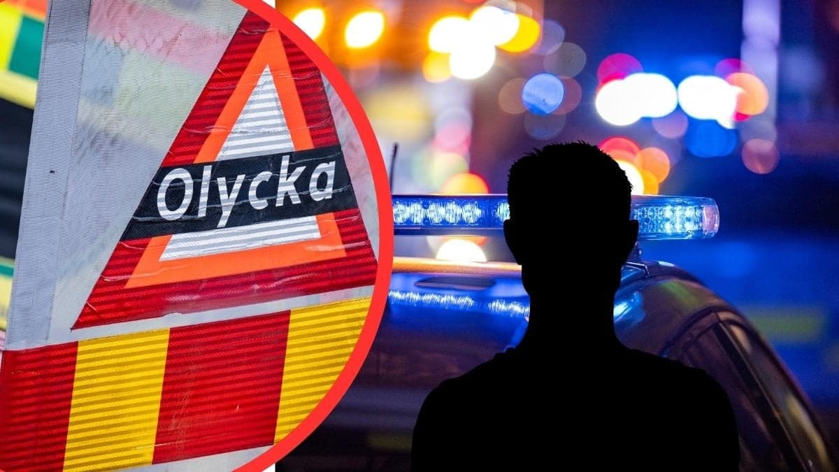 Olycka-skylt vänster- Blåljus höger. Manlig siluett i mitten.