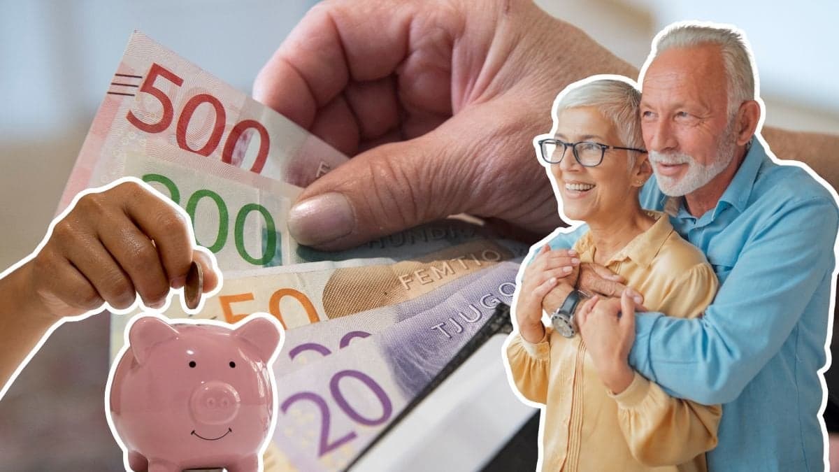 Spargris, par som kramas och pengar i en plånbok.