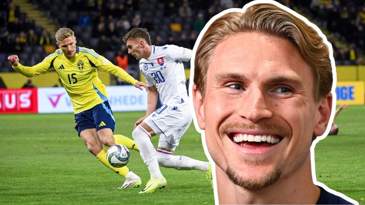 Carl Starfelt under en landskamp mot Slovakien och Carl Starfelt