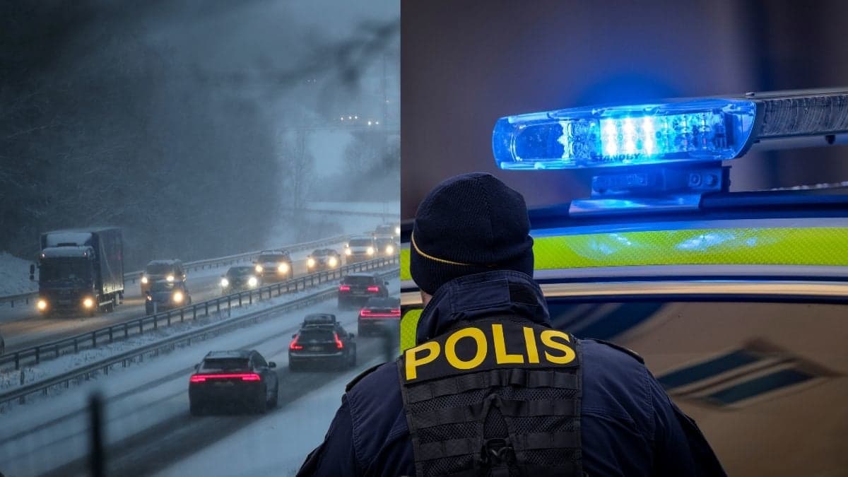 Trafik på E20, blåljus och en polis.
