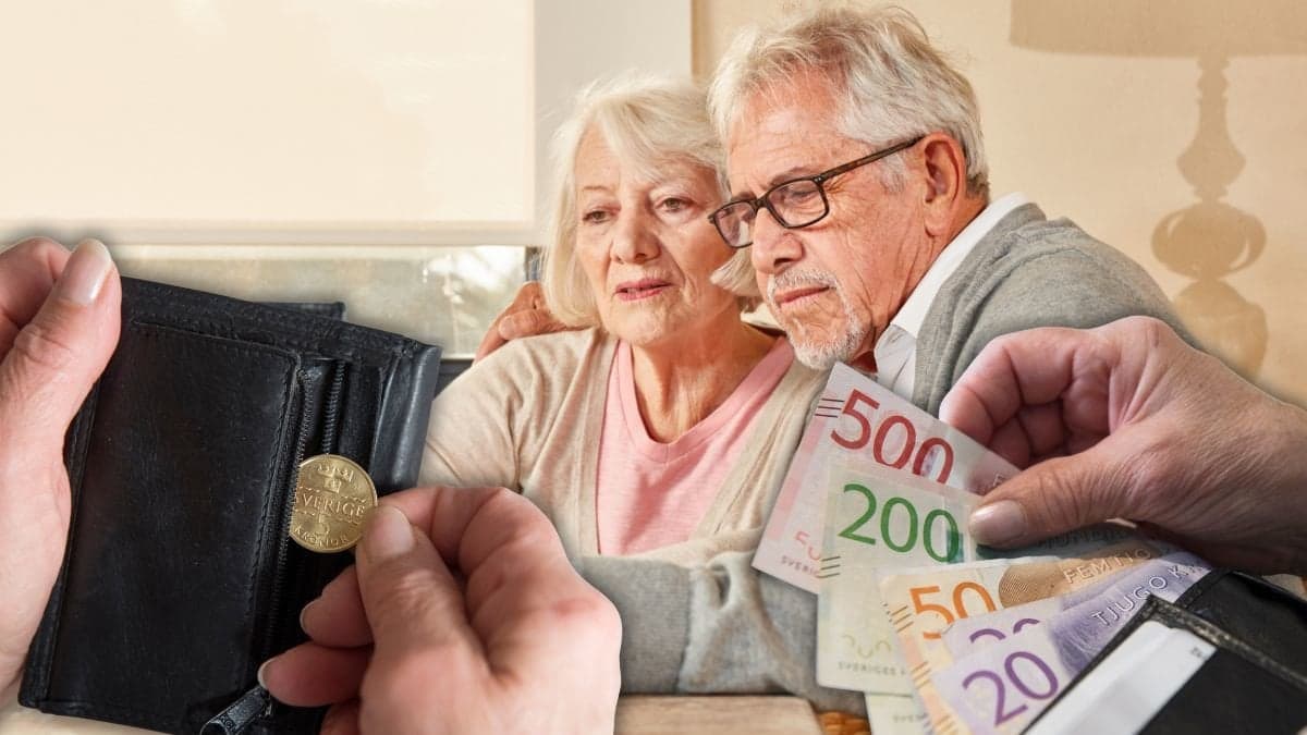Äldre par, en plånbok med ett mynt i och en annan plånbok sedlar i.