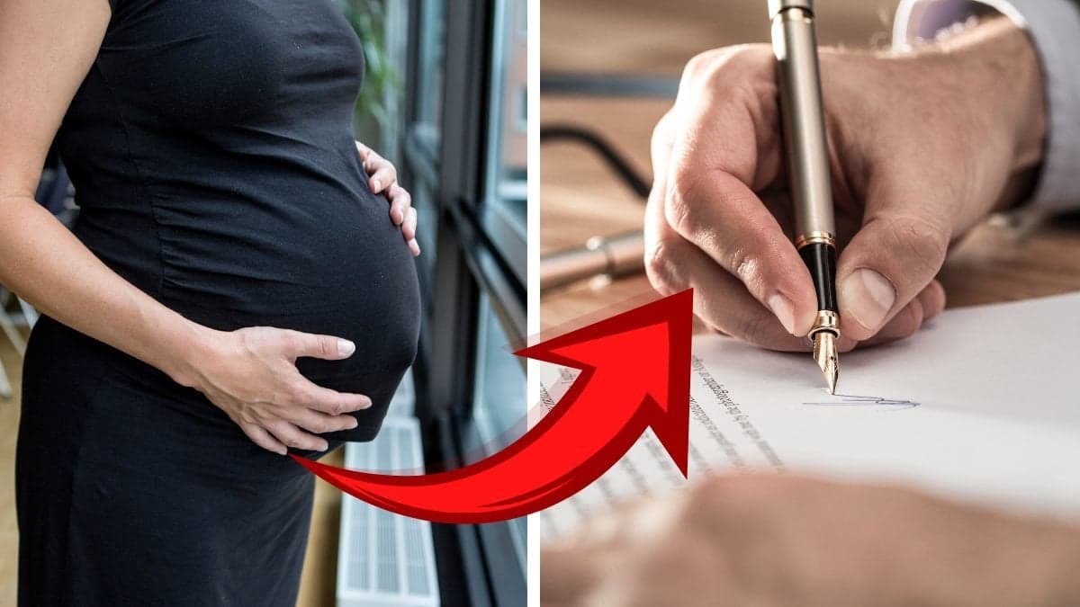 Gravidmage vänster. En hand som skriver på ett kontrakt höger.