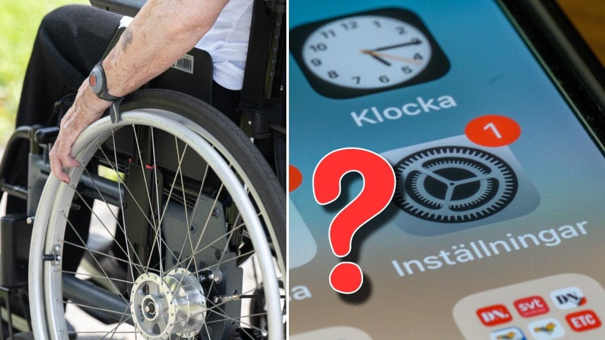 Bild till vänster på en rullstol. En arm som rullar hjulet med en larmklocka på handleden. Bild till höger på en mobilskärm med appar framme. Ett rött frågetecken snett till höger. 
