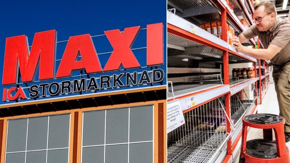 Bilder på tomma butikshyllor och en Ica Maxi-entré.