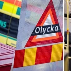 Olycka skylt till vänster. Insidan av en buss till höger. 
